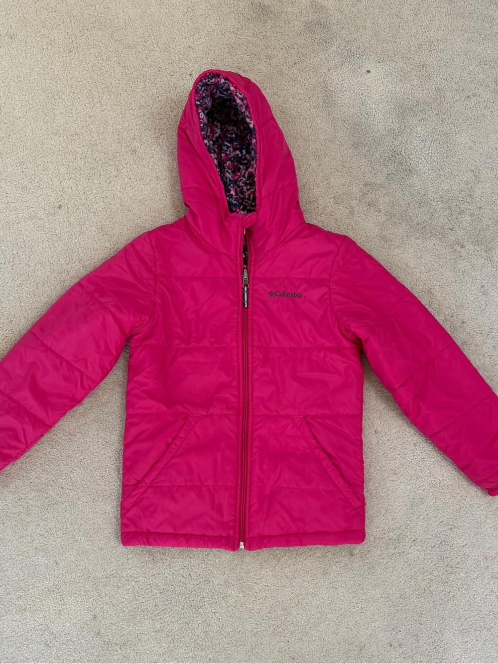 Columbia Girls' Hot Pink Reversible Hooded Puffer Jacket M 10-12Y